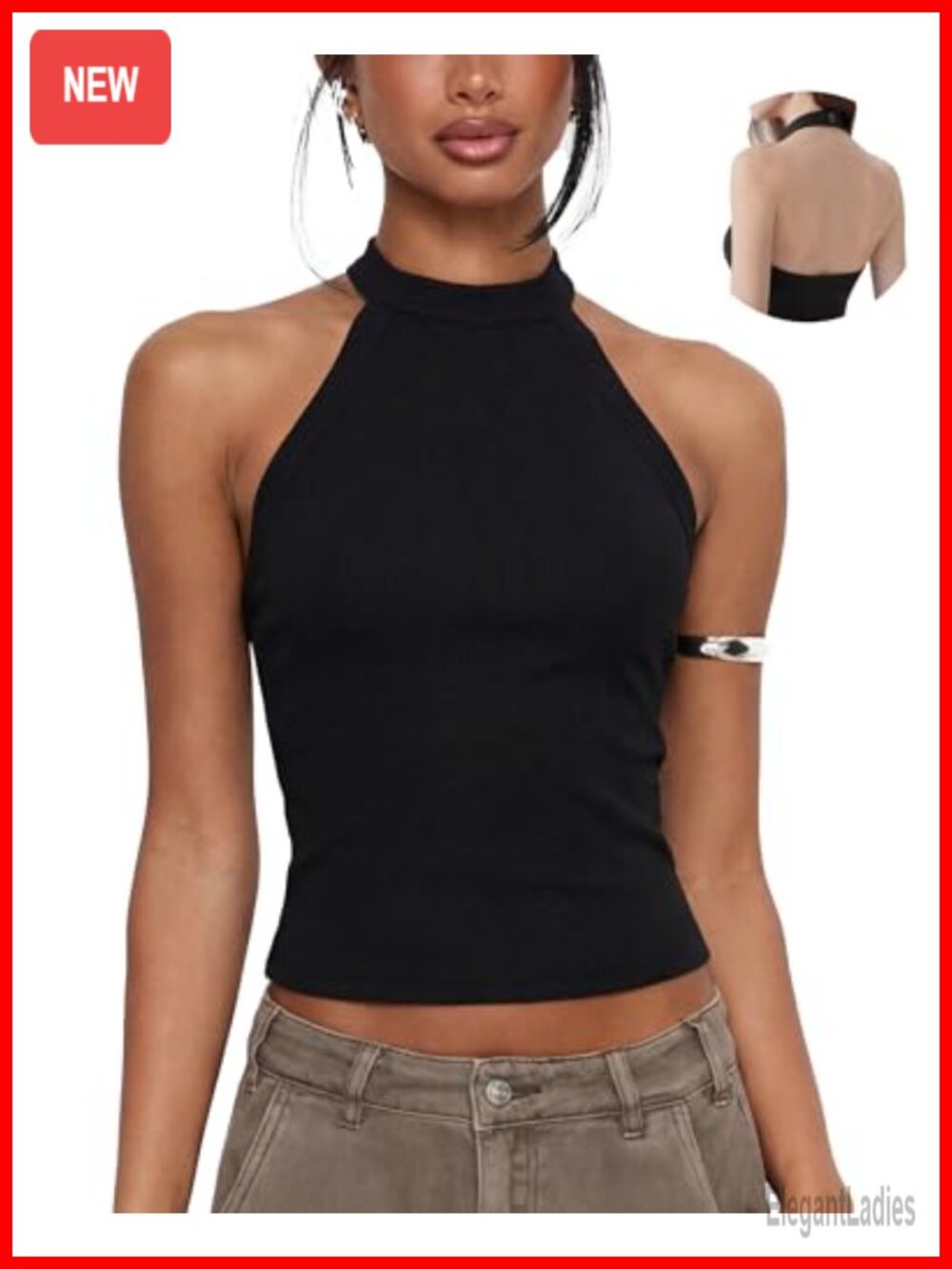 SUUKSESS Halter Top Built in Bra Open Back Backless Ribbed Tank Top